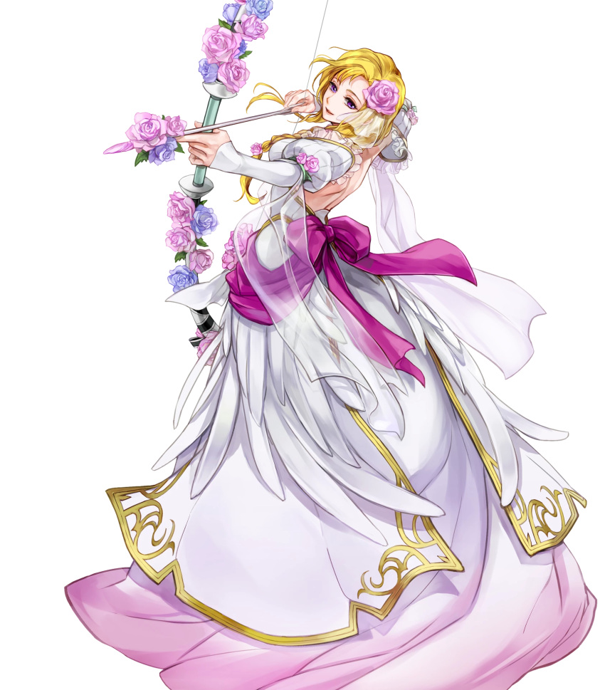 1girl archery arrow bangs blonde_hair bow_(weapon) braid breasts bride dress feather_trim female fire_emblem fire_emblem:_rekka_no_ken fire_emblem_heroes flower full_body hair_ornament highres holding holding_bow_(weapon) holding_weapon long_hair louise medium_breasts official_art open_mouth shiny shiny_hair simple_background single_braid smile solo strapless strapless_dress transparent_background violet_eyes wada_sachiko weapon wedding_dress white_dress