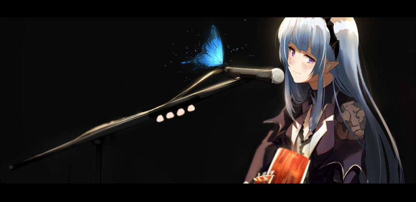 1girl bangs black_background black_shirt blunt_bangs blush bug butterfly closed_mouth commentary demon_girl demon_horns guitar highres holding holding_instrument honey_strap horns insect instrument isshiki_(ffmania7) letterboxed long_hair long_sleeves microphone microphone_stand mole mole_under_eye music playing_instrument pointy_ears shirt silver_hair smile solo sougetsu_eli violet_eyes virtual_youtuber