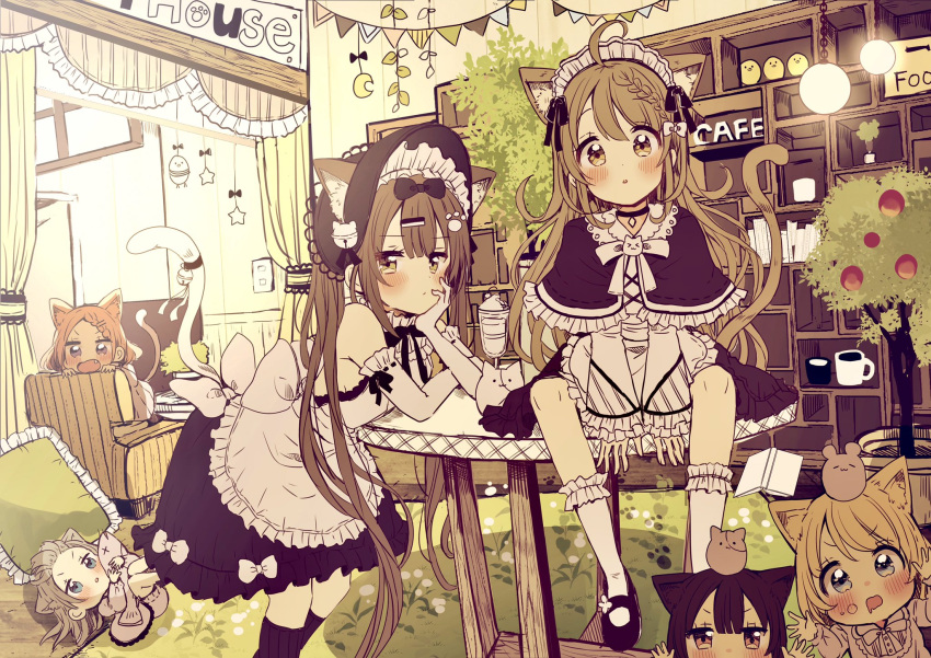 6+girls animal_ears bangs bare_shoulders bell between_legs black_bow black_capelet black_dress black_footwear black_legwear blonde_hair blue_eyes blush bow braid brown_eyes brown_hair capelet cat_ears cat_girl cat_tail chair chibi commentary_request dress elbow_gloves eyebrows_visible_through_hair frilled_capelet frills gloves hair_bell hair_between_eyes hair_bow hair_ornament hairclip hand_between_legs highres indoors jingle_bell kneehighs long_hair long_sleeves looking_at_viewer maid maid_headdress multiple_girls on_chair on_table open_mouth original parted_lips pennant sakura_oriko shoes sitting sitting_on_table sleeveless sleeveless_dress star string_of_flags stuffed_animal stuffed_fish stuffed_toy table tail tail_bell tail_raised tree very_long_hair wavy_mouth white_gloves white_legwear wide_sleeves