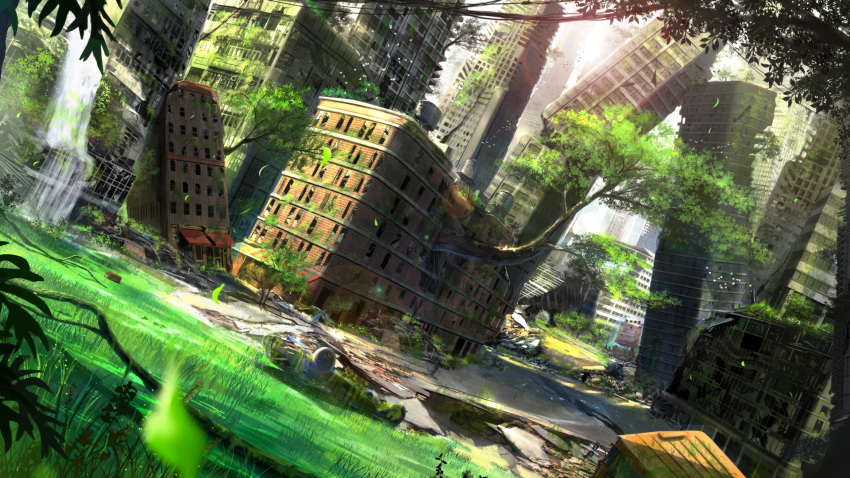 animal bird brick_wall building car commentary_request day dutch_angle grass ground_vehicle highres moss motor_vehicle no_humans original outdoors ruins scenery skyscraper sunlight swordsouls tree water water_tower waterfall window wreckage