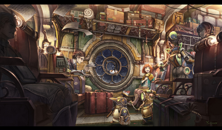 2boys 2girls arm_support brown_hair commentary fantasy formal glasses green_eyes guinea_pig happy highres indoors letterboxed long_hair looking_at_another looking_to_the_side luggage mikan_yuzuko multiple_boys multiple_girls orange_hair original paper plague_doctor_mask reading scenery short_hair signature sitting steam steampunk stewardess suit suitcase train_attendant train_interior umbrella window