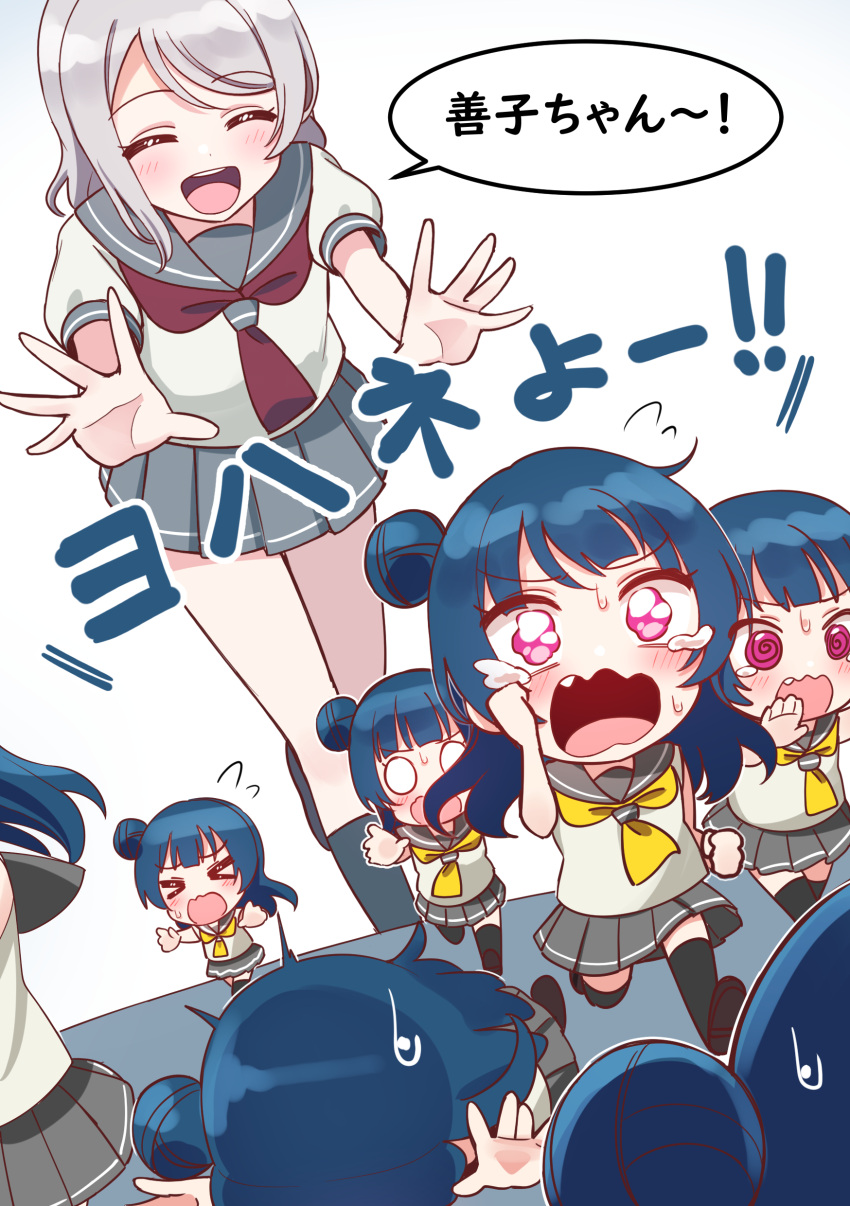 &gt;_&lt; 6+girls :d @_@ ^_^ absurdres black_footwear black_legwear blue_hair blush chibi closed_eyes deadnooodles fang fleeing flying_sweatdrops grey_sailor_collar grey_skirt hair_bun highres long_hair love_live! love_live!_sunshine!! minigirl multiple_girls o_o open_mouth outstretched_arms pleated_skirt puffy_short_sleeves puffy_sleeves red_neckwear round_teeth running sailor_collar shirt shoe_soles shoes short_sleeves side_bun silver_hair skirt smile sweat tears teeth thigh-highs translation_request tripping tsushima_yoshiko upper_teeth violet_eyes watanabe_you wavy_eyes wavy_mouth white_shirt yellow_neckwear