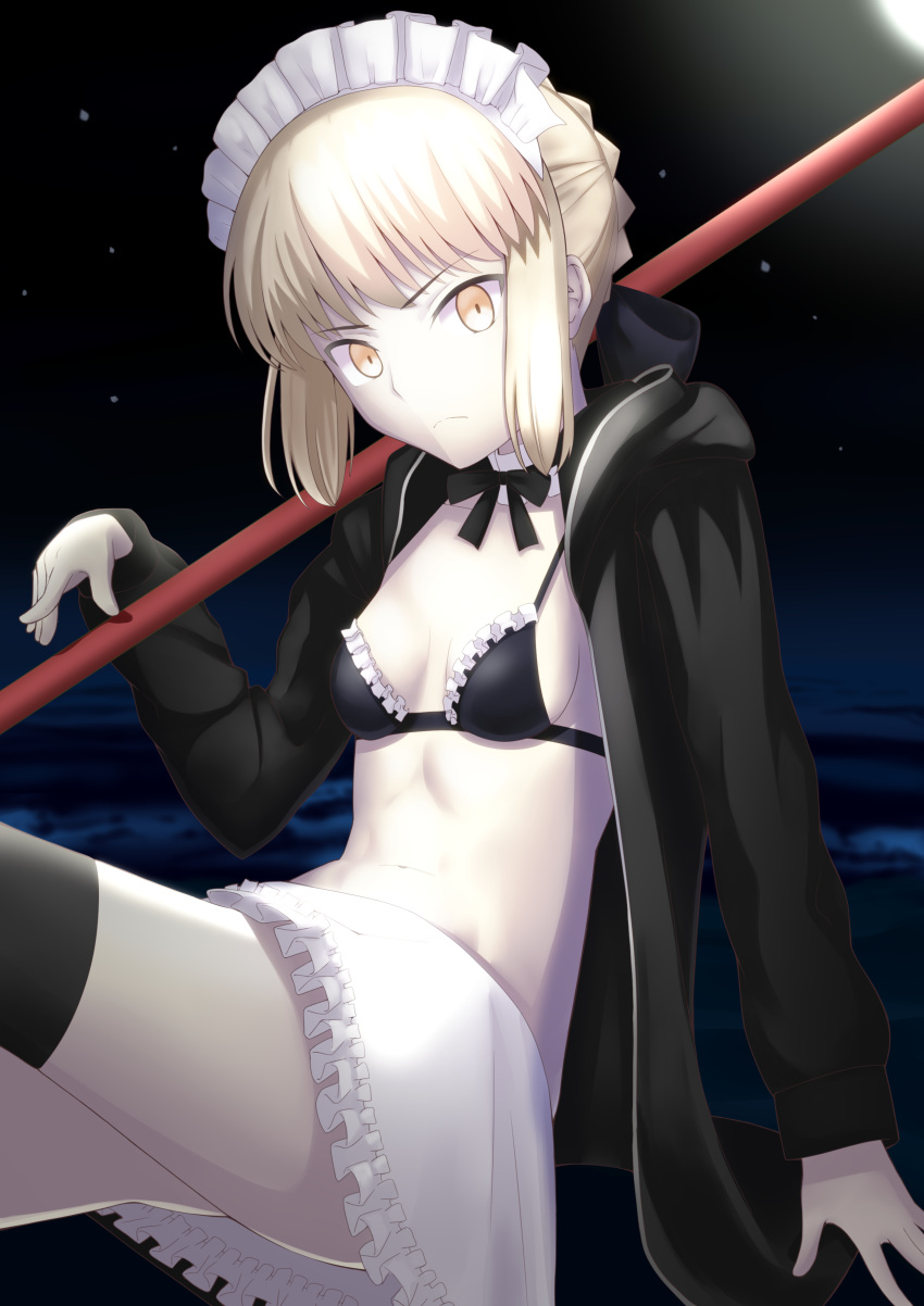 1girl absurdres artoria_pendragon_(all) artoria_pendragon_(swimsuit_rider_alter) beach bikini black_bikini black_bow black_jacket black_legwear blonde_hair blurry blurry_background bow breasts daiz1213 fate/grand_order fate_(series) frilled_bikini_top frilled_skirt frills hair_bow highres holding hood hood_down hooded_jacket jacket looking_at_viewer maid_headdress miniskirt night night_sky open_clothes open_jacket outdoors short_hair sideboob skirt sky small_breasts solo star_(sky) starry_sky swimsuit thigh-highs white_skirt yellow_eyes