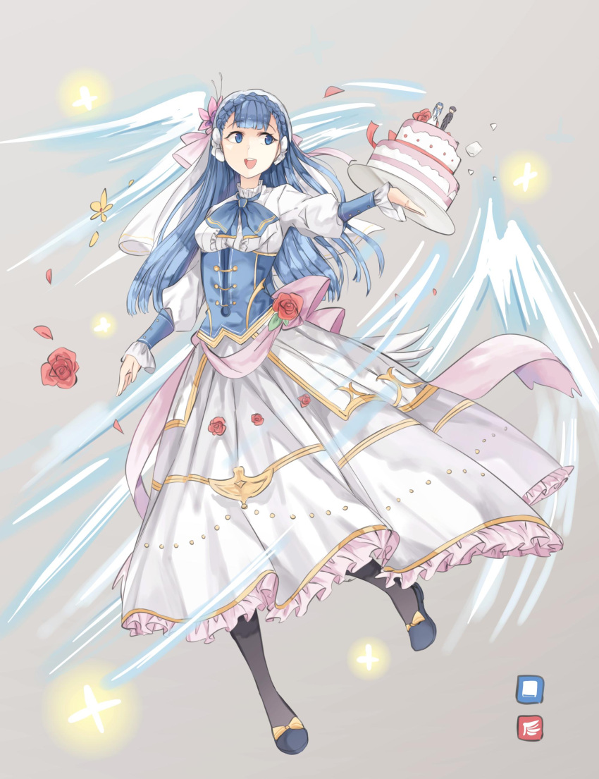 1girl absurdres alternate_costume blue_eyes blue_hair cake commentary dress fire_emblem fire_emblem_echoes:_mou_hitori_no_eiyuuou fire_emblem_heroes flower food full_body grey_background hair_flower hair_ornament highres holding linea_(fire_emblem) long_hair long_sleeves open_mouth petals plate simple_background solo veil zyuno0