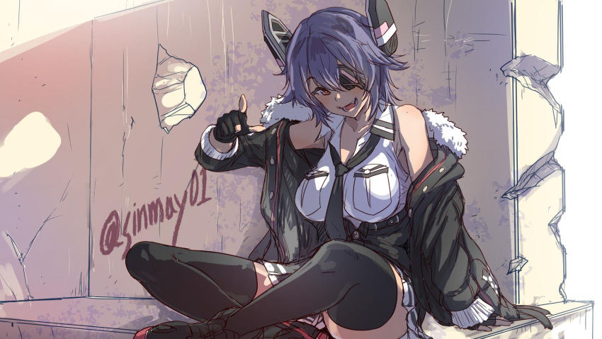 1girl :d black_gloves black_jacket black_legwear black_neckwear breast_pocket breasts collared_shirt crossed_legs eyepatch gloves headgear highres jacket kantai_collection large_breasts looking_at_viewer necktie open_mouth partly_fingerless_gloves pocket pointing pointing_at_viewer purple_hair remodel_(kantai_collection) shinmai_(kyata) shirt short_hair sitting sleeveless sleeveless_shirt smile solo tenryuu_(kantai_collection) thigh-highs twitter_username white_shirt yellow_eyes