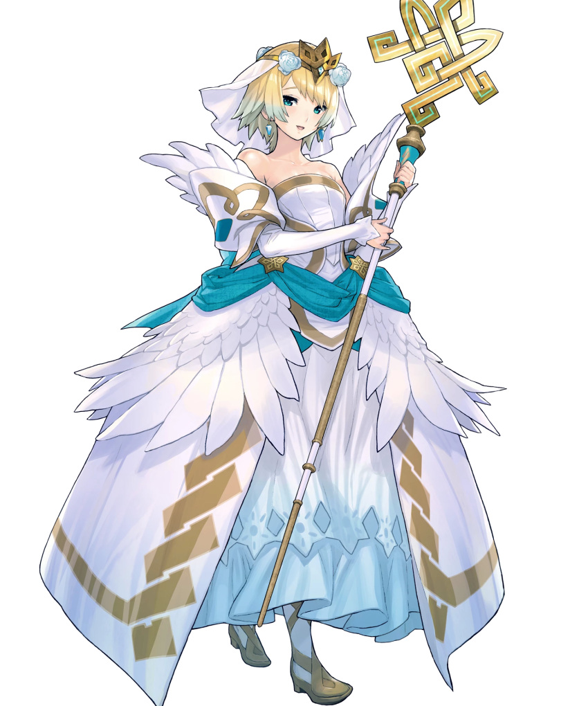 1girl bangs bare_shoulders blonde_hair blue_hair breasts bridal_veil bride collarbone dress earrings feather_trim fire_emblem fire_emblem_heroes fjorm_(fire_emblem_heroes) flower full_body hair_ornament highres holding jewelry looking_at_viewer maeshima_shigeki medium_breasts multicolored_hair official_art open_mouth short_hair smile solo staff standing strapless strapless_dress tiara transparent_background veil wedding_dress white_dress