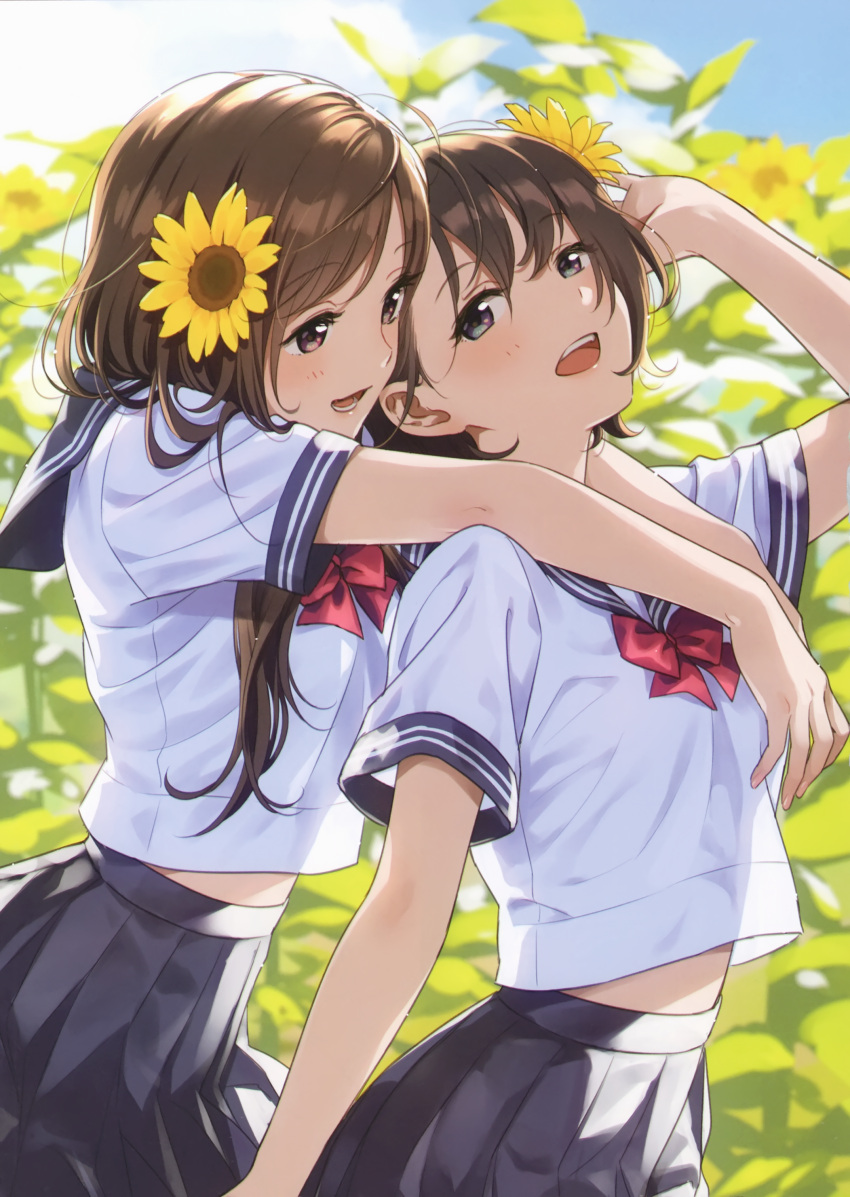 2girls absurdres arm_up bangs blue_eyes blue_skirt blurry blurry_background bow bowtie breasts brown_eyes brown_hair clouds cloudy_sky day eyebrows_visible_through_hair fingernails flower from_side hair_flower hair_ornament highres hug hug_from_behind lips long_hair medium_breasts midriff_peek morikura_en multiple_girls open_mouth original outdoors pleated_skirt red_bow sailor_collar scan school_uniform see-through_silhouette serafuku shiny shiny_skin short_hair short_sleeves skirt sky sunflower sunflower_hair_ornament teeth