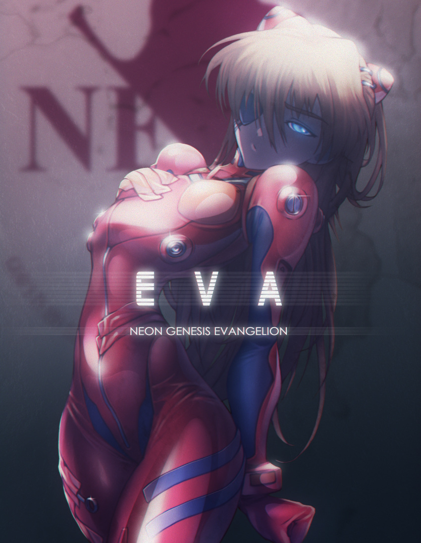 1girl absurdres arched_back backlighting bodysuit breasts brown_hair clenched_hand copyright_name evangelion:_3.0_you_can_(not)_redo eyepatch hairpods head_tilt highres long_hair looking_at_viewer multicolored multicolored_bodysuit multicolored_clothes neon_genesis_evangelion nerv one-eyed orange_bodysuit pilot_suit plugsuit rebuild_of_evangelion red_bodysuit shikinami_asuka_langley skin_tight slender_waist slivokuch small_breasts solo souryuu_asuka_langley