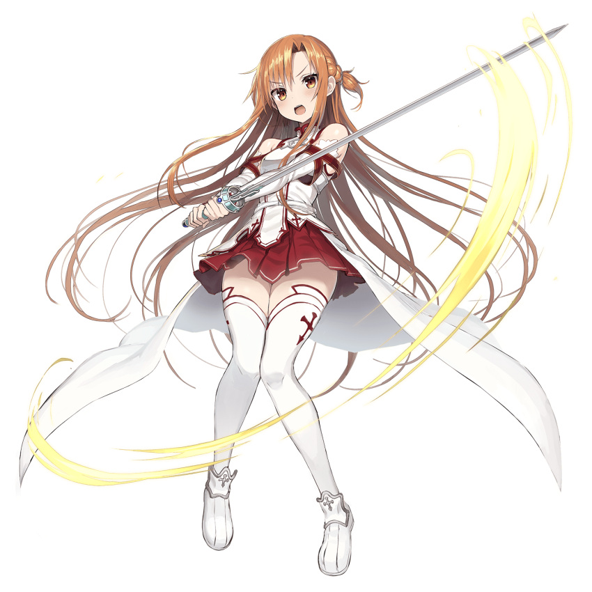 1girl asuna_(sao) braid breastplate breasts brown_eyes brown_hair cape detached_sleeves floating_hair full_body hair_between_eyes highres holding holding_sword holding_weapon long_hair long_sleeves looking_at_viewer miniskirt official_art open_mouth pleated_skirt red_skirt shiny shiny_hair shiny_skin skirt small_breasts solo sword sword_art_online thighs transparent_background very_long_hair waist_cape weapon white_cape white_footwear white_legwear white_sleeves