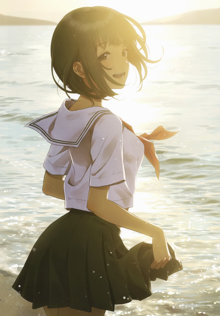 1girl absurdres backlighting bangs beach breasts brown_eyes brown_hair cowboy_shot eyebrows_visible_through_hair floating_hair from_side highres holding looking_at_viewer looking_back medium_breasts morikura_en neckerchief ocean open_mouth original outdoors pleated_skirt sailor_collar scan school_uniform serafuku shiny shiny_hair shore short_hair short_sleeves skirt skirt_hold smile solo teeth water