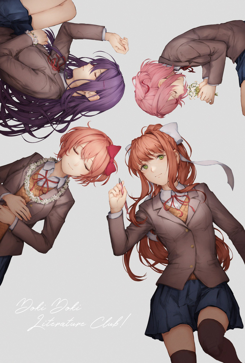 4girls bangs black_legwear blazer blue_skirt blush bow breasts brown_hair brown_jacket brown_legwear closed_eyes commentary copyright_name doki_doki_literature_club eyebrows_visible_through_hair green_eyes grey_background hair_between_eyes hair_bow hair_ornament hair_ribbon hairclip highres holding holding_pen jacket kouzuki_kei long_hair looking_at_viewer lying medium_breasts monika_(doki_doki_literature_club) multiple_girls natsuki_(doki_doki_literature_club) on_back on_side pen pink_hair ponytail purple_hair red_ribbon ribbon sayori_(doki_doki_literature_club) school_uniform shirt short_hair sidelocks simple_background skirt smile thigh-highs two_side_up very_long_hair white_ribbon wreath yuri_(doki_doki_literature_club)