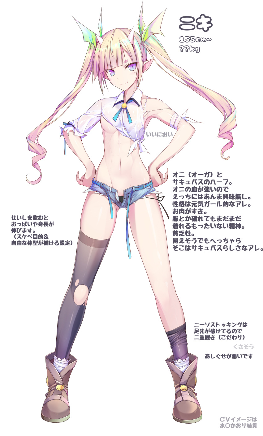 absurdres arms_at_sides asymmetrical_legwear blonde_hair breasts commentary_request green_ribbon hair_ribbon highres horns midriff naturalton niki_(naturalton) original panties ribbon shoes short_shorts shorts side-tie_panties small_breasts torn_clothes torn_legwear translation_request twintails underwear
