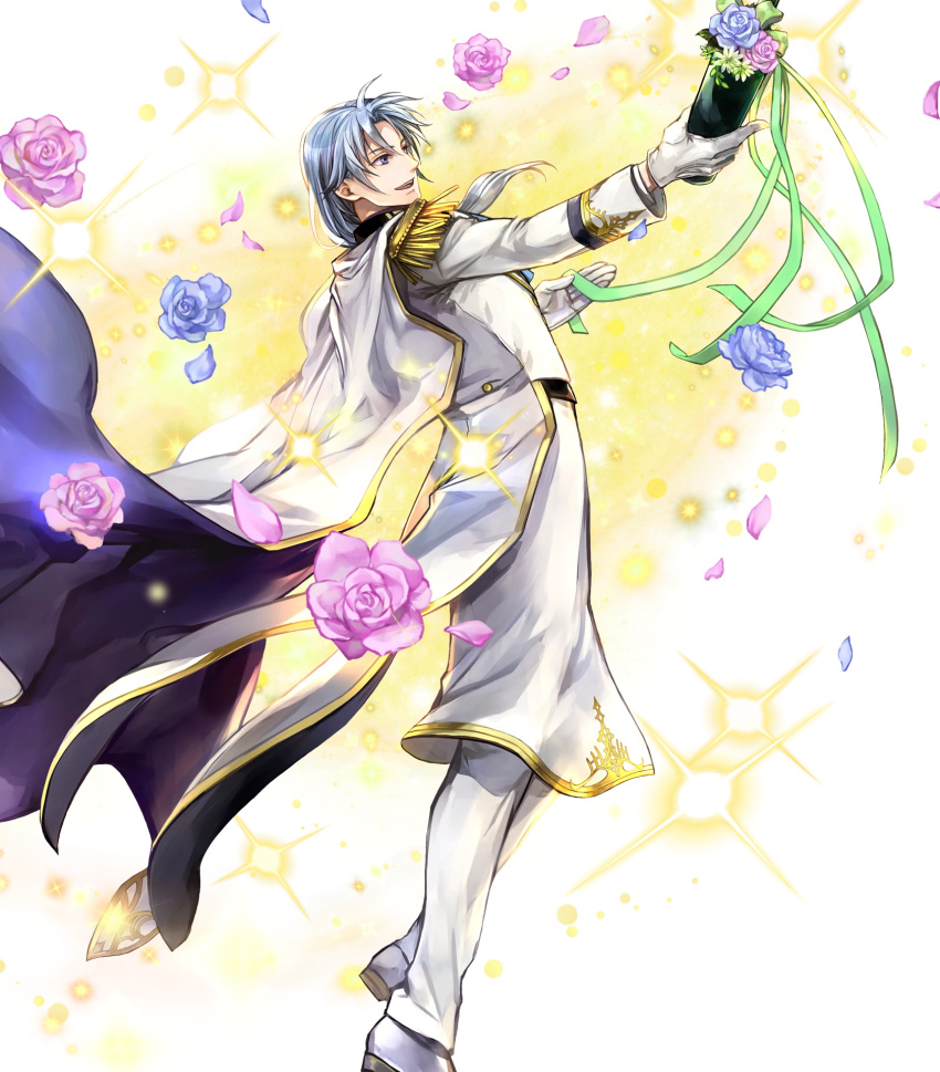 1boy alternate_costume bottle bow cape epaulettes fire_emblem fire_emblem:_rekka_no_ken fire_emblem_heroes flower full_body gloves grey_hair highres long_hair low_ponytail male_focus official_art open_mouth pent petals rose sparkle teeth transparent_background violet_eyes wada_sachiko