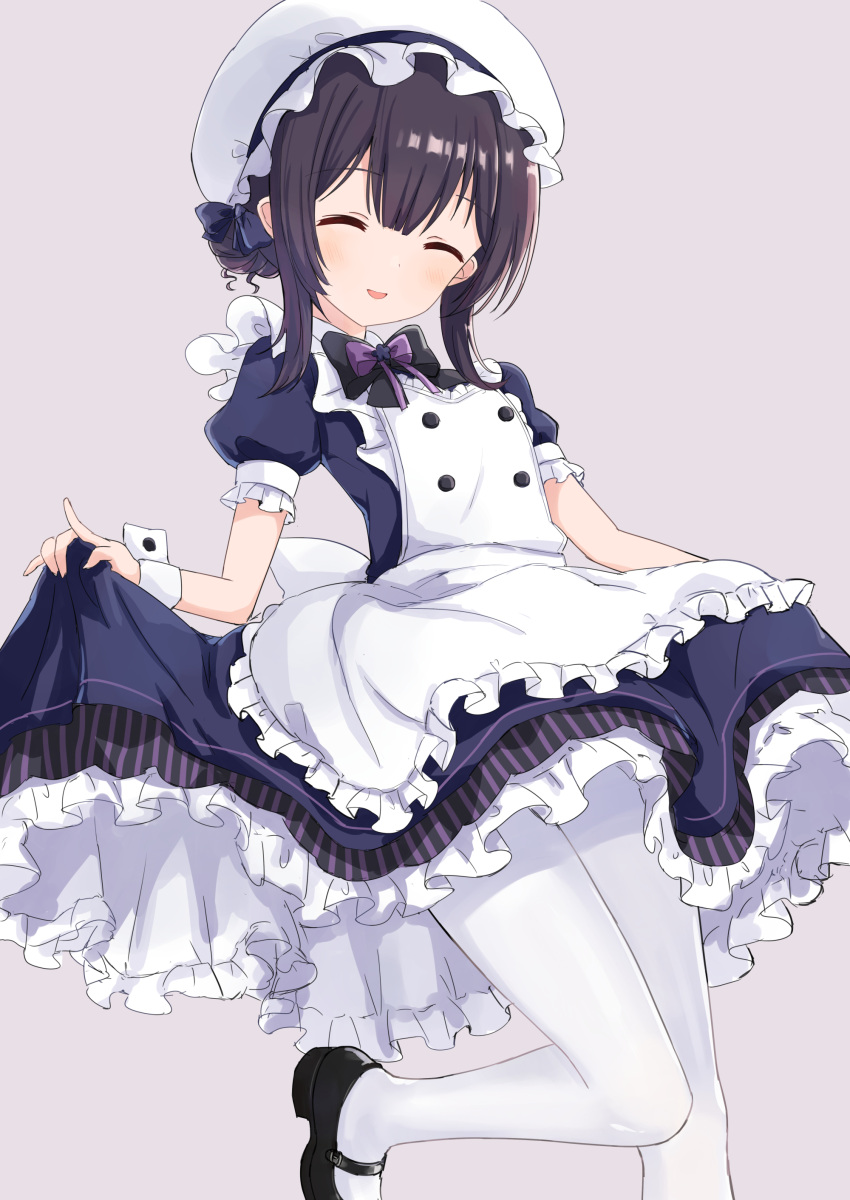 1girl absurdres apron black_hair bow closed_eyes commentary eluthel frilled_skirt frills highres idolmaster idolmaster_shiny_colors leg_up maid maid_apron maid_cap mary_janes morino_rinze pantyhose puffy_short_sleeves puffy_sleeves shoes short_sleeves simple_background skirt skirt_hold solo standing standing_on_one_leg white_legwear wrist_cuffs