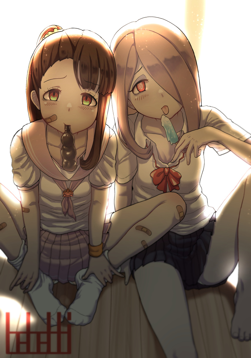 2girls absurdres bandaid bandaid_on_arm bandaid_on_face bandaid_on_knee bandaid_on_leg barefoot blush brown_eyes brown_hair collarbone commentary english_commentary eyebrows_visible_through_hair eyeshadow food food_in_mouth hair_over_one_eye highres ice_keki kagari_atsuko licking light little_witch_academia long_hair looking_at_viewer makeup melting miniskirt multiple_girls navy_blue_skirt panties panty_peek pink_hair pink_skirt popsicle red_eyes school_uniform serafuku shadow shirt short_sleeves signature sitting skirt socks sucy_manbavaran thighs underwear watermark white_legwear white_shirt wrist_cuffs