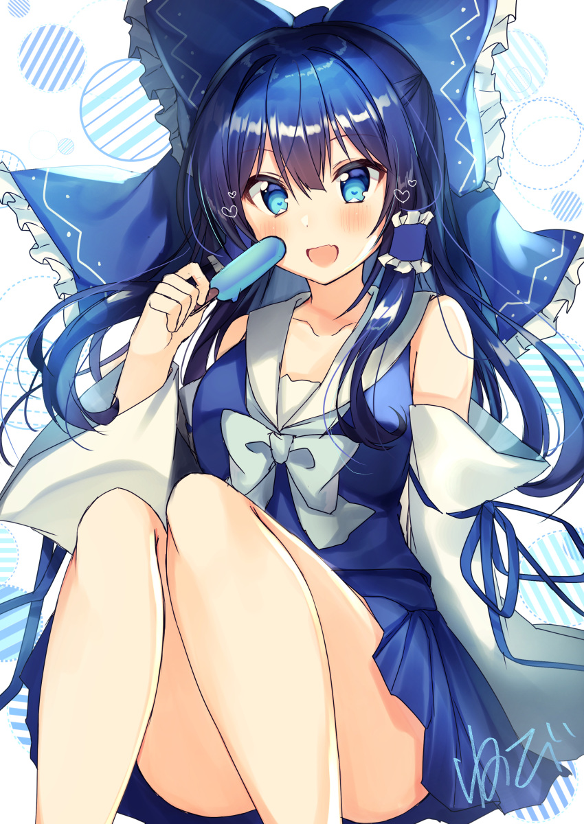 1girl :d absurdres alternate_color arm_ribbon artist_name ascot ass bad_id bad_pixiv_id bangs bare_legs bare_shoulders blue_bow blue_eyes blue_hair blue_neckwear blue_ribbon blue_skirt blush bow breasts collarbone commentary_request detached_sleeves eyebrows_visible_through_hair fang feet_out_of_frame food frilled_bow frills hair_between_eyes hair_bow hair_tubes hakurei_reimu half_updo hand_up heart highres holding holding_food knees_up long_hair long_sleeves looking_at_viewer medium_breasts miniskirt nenobi_(nenorium) nontraditional_miko open_mouth player_2 popsicle ribbon shirt sidelocks signature simple_background sitting skin_fang skirt skirt_set sleeveless sleeveless_shirt smile solo thighs touhou translated white_background wide_sleeves