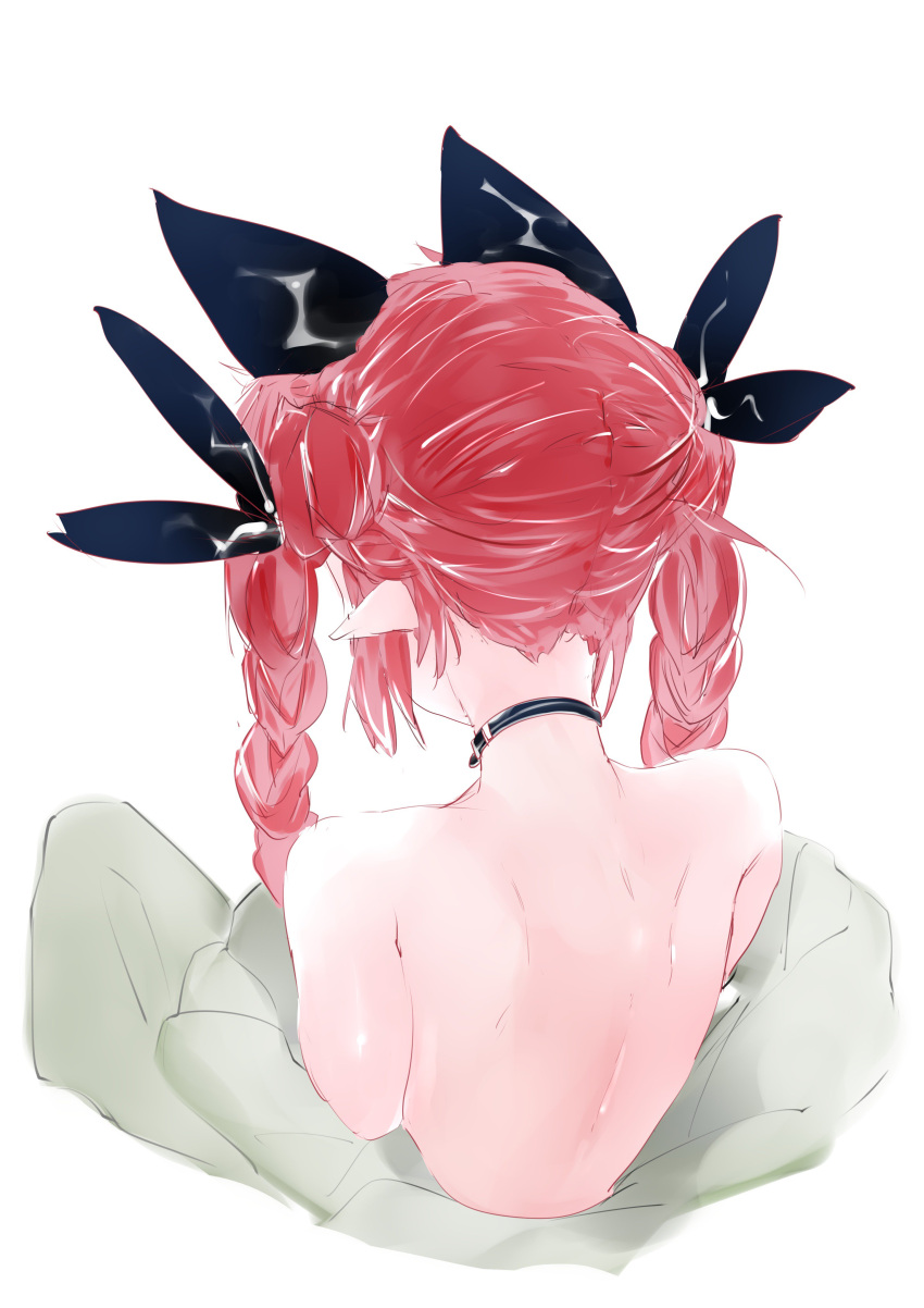 1girl absurdres animal_ears bare_back bare_shoulders black_choker black_ribbon braid cat_ears choker commentary_request extra_ears from_behind hair_ribbon highres ikurauni kaenbyou_rin long_hair nape off_shoulder pointy_ears redhead ribbon sidelocks simple_background solo touhou twin_braids twintails upper_body white_background