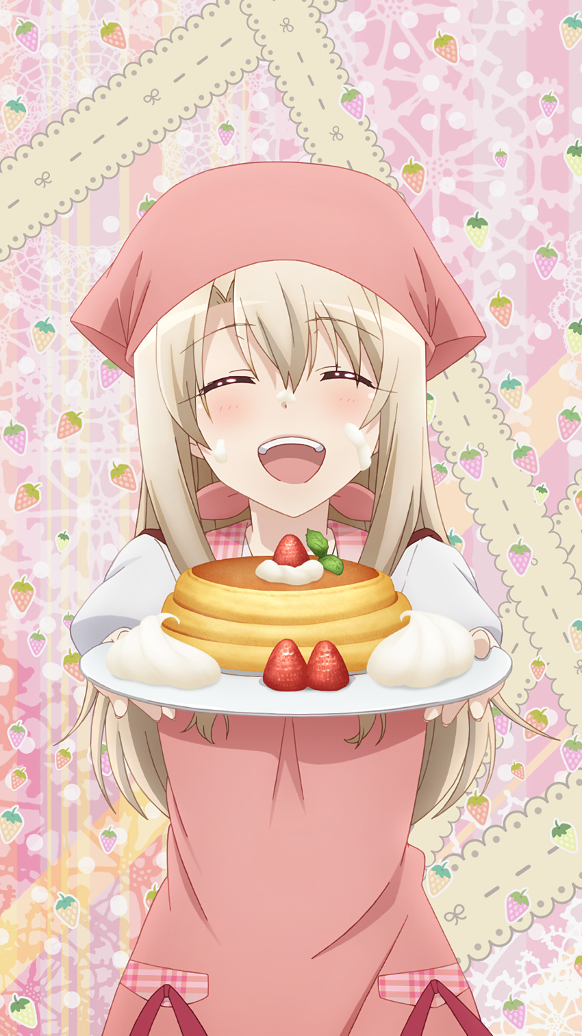 1girl :d absurdres apron blush closed_eyes cream cream_on_face eyebrows_visible_through_hair fate/kaleid_liner_prisma_illya fate_(series) food food_on_face hair_between_eyes highres holding holding_plate illyasviel_von_einzbern long_hair official_art open_mouth pink_apron plaid_sailor_collar plate red_ribbon ribbon shiny shiny_hair shirt silver_hair smile solo upper_body white_shirt