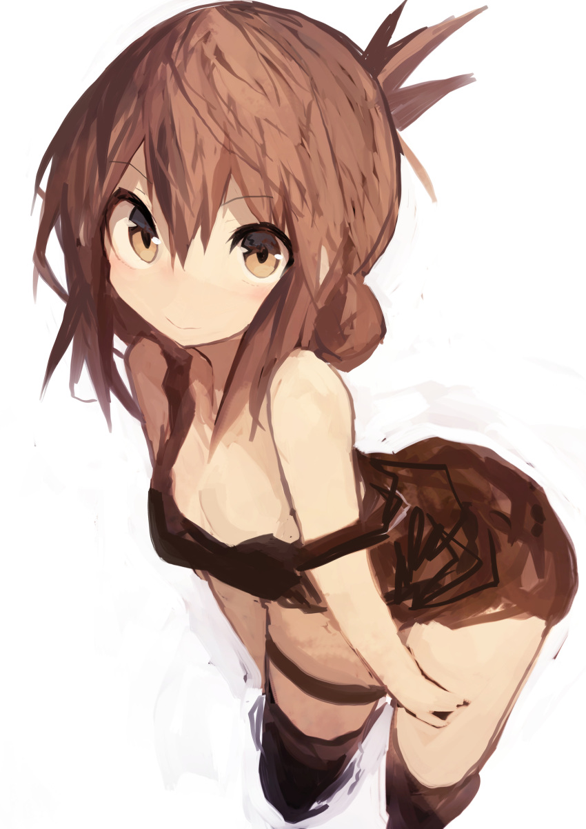1girl absurdres arched_back brown_dress brown_hair brown_legwear brown_theme closed_mouth commentary_request cropped_legs dress eyebrows_visible_through_hair folded_ponytail hair_between_eyes hands_on_own_thighs highres inazuma_(kantai_collection) kaamin_(mariarose753) kantai_collection leaning_forward legs_apart light_blush long_hair looking_at_viewer simple_background sketch smile solo strap_slip thigh-highs thigh_strap white_background