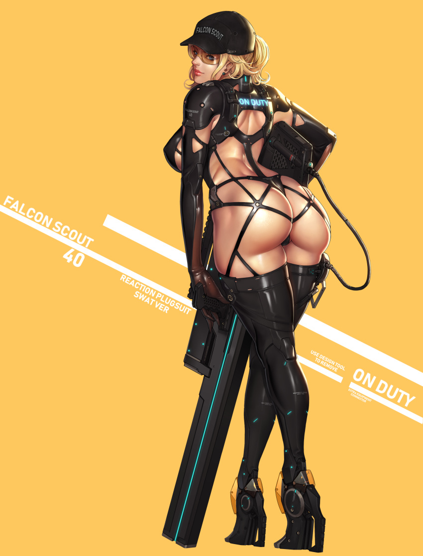 1girl absurdres blonde_hair cyborg from_behind goggles gun hat high_heels highres looking_at_viewer mechanical_legs original shiny simple_background solo standing thong tight uniform weapon wei_(kaminari0411)