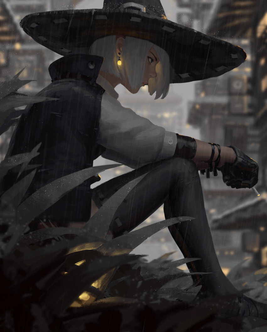 1girl absurdres black_gloves black_legwear blue_eyes bob_cut cape cigarette commentary earrings from_side gloves glowing glowing_earrings guweiz hat high_collar highres jewelry lips nose original outdoors rain sitting smoking solo thigh-highs white_hair witch_hat