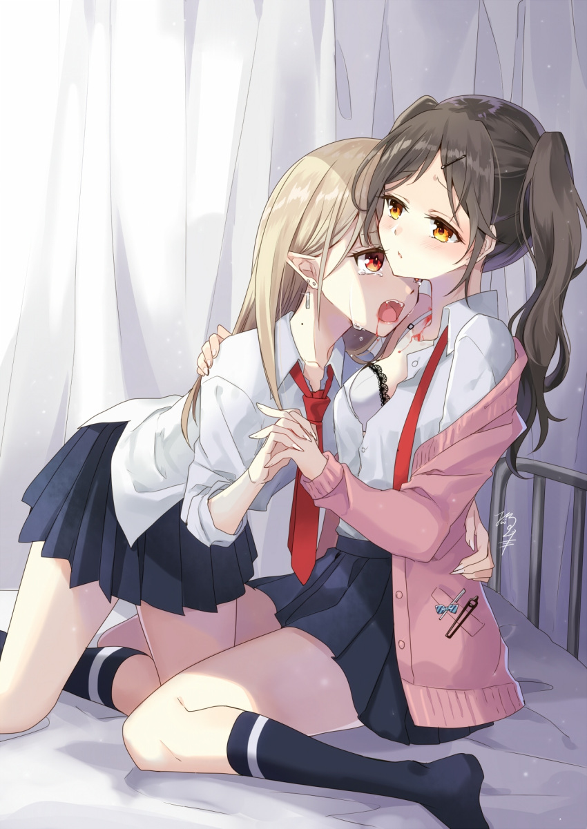 2girls blonde_hair blood bra brown_hair collared_shirt commentary_request crying crying_with_eyes_open dress_shirt earrings fangs hairclip_removed highres holding_hands interlocked_fingers jewelry long_hair multiple_girls navy_blue_legwear navy_blue_skirt necktie nekozuki_yuki no_shoes on_bed orange_eyes original pointy_ears school_uniform shirt side_ponytail signature sitting tears underwear vampire wariza white_shirt yuri