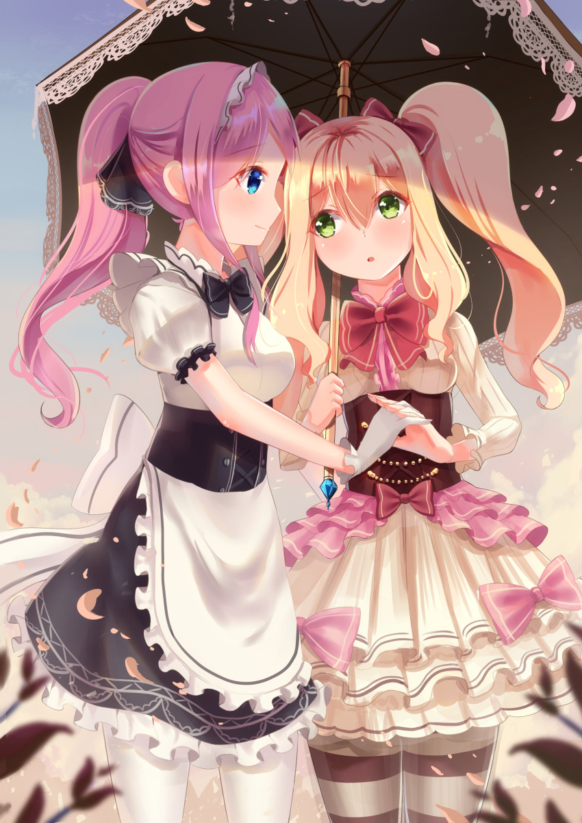 2girls :o absurdres apron black_bow black_ribbon black_skirt black_umbrella blonde_hair blue_eyes blue_sky blurry blurry_foreground blush bow breasts brown_shirt closed_mouth commentary_request day depth_of_field eye_contact fingernails frilled_apron frilled_skirt frills gloves green_eyes hair_ribbon head_tilt highres holding holding_umbrella holmemee interlocked_fingers lolita_fashion long_hair long_sleeves looking_at_another maid maid_headdress medium_breasts multiple_girls original outdoors pantyhose parted_lips petals pink_hair pleated_skirt ponytail profile puffy_short_sleeves puffy_sleeves ribbon shirt short_sleeves sidelocks skirt sky smile striped striped_legwear striped_shirt twintails umbrella vertical-striped_shirt vertical_stripes very_long_hair waist_apron white_apron white_gloves white_legwear white_shirt white_skirt yuri
