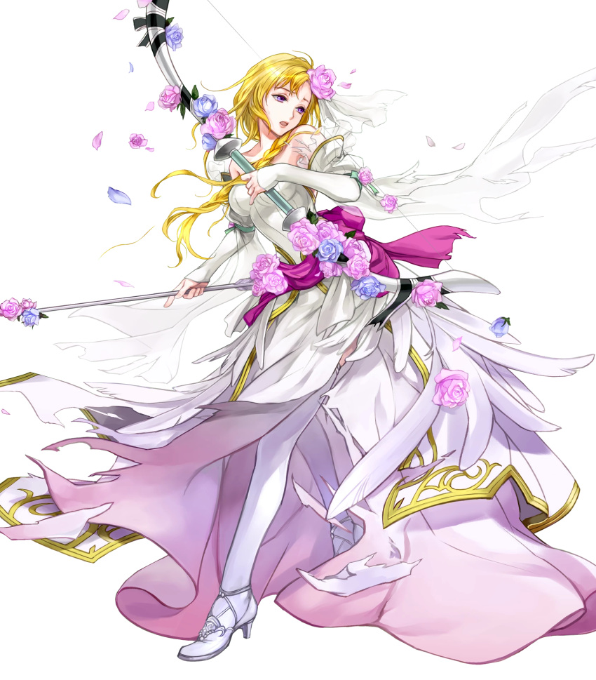 1girl arrow bangs bare_shoulders blonde_hair bow_(weapon) braid breasts bride dress fire_emblem fire_emblem:_rekka_no_ken fire_emblem_heroes flower full_body hair_ornament hair_over_shoulder high_heels highres holding holding_bow_(weapon) holding_weapon long_hair looking_away louise medium_breasts official_art open_mouth petals shiny shiny_hair single_braid solo strapless strapless_dress thigh-highs torn_clothes torn_dress transparent_background violet_eyes wada_sachiko weapon wedding_dress white_dress white_legwear