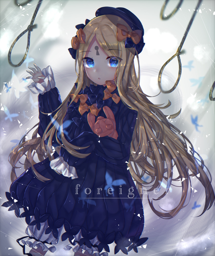1girl abigail_williams_(fate/grand_order) absurdres bangs black_bow black_dress black_headwear blonde_hair bloomers blue_eyes blurry blurry_background bow bug butterfly commentary_request depth_of_field dress dutch_angle english_text fate/grand_order fate_(series) hair_bow hand_up hat highres hitomin_(ksws7544) insect keyhole long_hair long_sleeves looking_at_viewer multiple_bows multiple_hair_bows noose object_hug orange_bow parted_bangs parted_lips polka_dot polka_dot_bow rope sleeves_past_fingers sleeves_past_wrists solo stuffed_animal stuffed_toy teddy_bear underwear very_long_hair white_bloomers wind