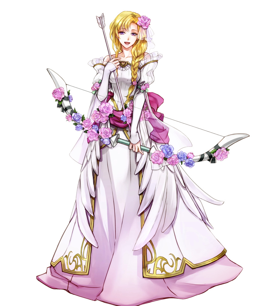 1girl arrow bangs bare_shoulders blonde_hair bow_(weapon) braid breasts bride collarbone dress feather_trim female fire_emblem fire_emblem:_rekka_no_ken fire_emblem_heroes flower full_body hair_flower hair_ornament highres holding holding_bow_(weapon) holding_weapon long_hair looking_at_viewer louise medium_breasts official_art open_mouth shiny shiny_hair side_braid single_braid smile solo standing strapless strapless_dress transparent_background violet_eyes wada_sachiko weapon wedding_dress white_dress