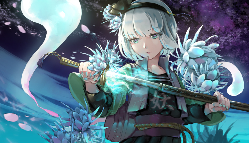 1girl aqua_eyes aqua_nails bangs black_shirt black_skirt character_name childwolf chinese_commentary clothes_writing commentary_request cropped_jacket embellished_costume energy eyebrows_visible_through_hair flower flower_request hair_flower hair_ornament hair_ribbon hand_on_hilt highres holding holding_sheath jacket katana konpaku_youmu konpaku_youmu_(ghost) light_particles light_trail long_sleeves looking_down mixed-language_commentary nail_polish night obi open_clothes open_jacket outdoors parted_lips petals pleated_skirt ribbon sash scabbard sheath shirt short_hair silver_hair skirt solo standing sword touhou unsheathing upper_body weapon