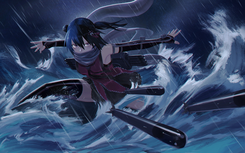 1girl bangs black_gloves black_skirt brown_eyes brown_hair commentary_request elbow_gloves eyebrows_visible_through_hair fingerless_gloves gloves hair_ornament highres kantai_collection long_hair looking_at_viewer outdoors rain remodel_(kantai_collection) rigging scarf school_uniform sendai_(kantai_collection) serafuku short_hair sidelocks skirt solo splashing torpedo torpedo_launcher two_side_up white_scarf yue_(tada_no_saboten)