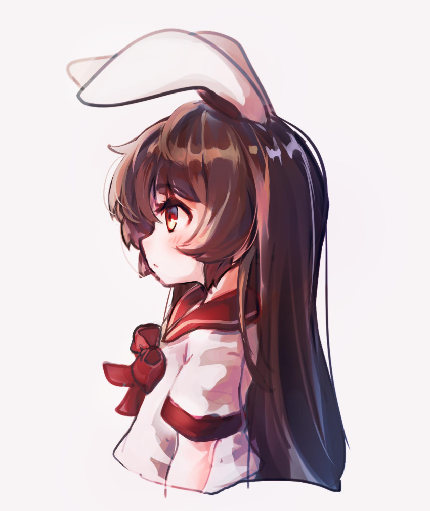 1girl animal_ears brown_hair commentary_request from_side highres kosobin long_hair original pink_shirt rabbit_ears red_eyes school_uniform serafuku shirt simple_background solo upper_body very_long_hair white_background