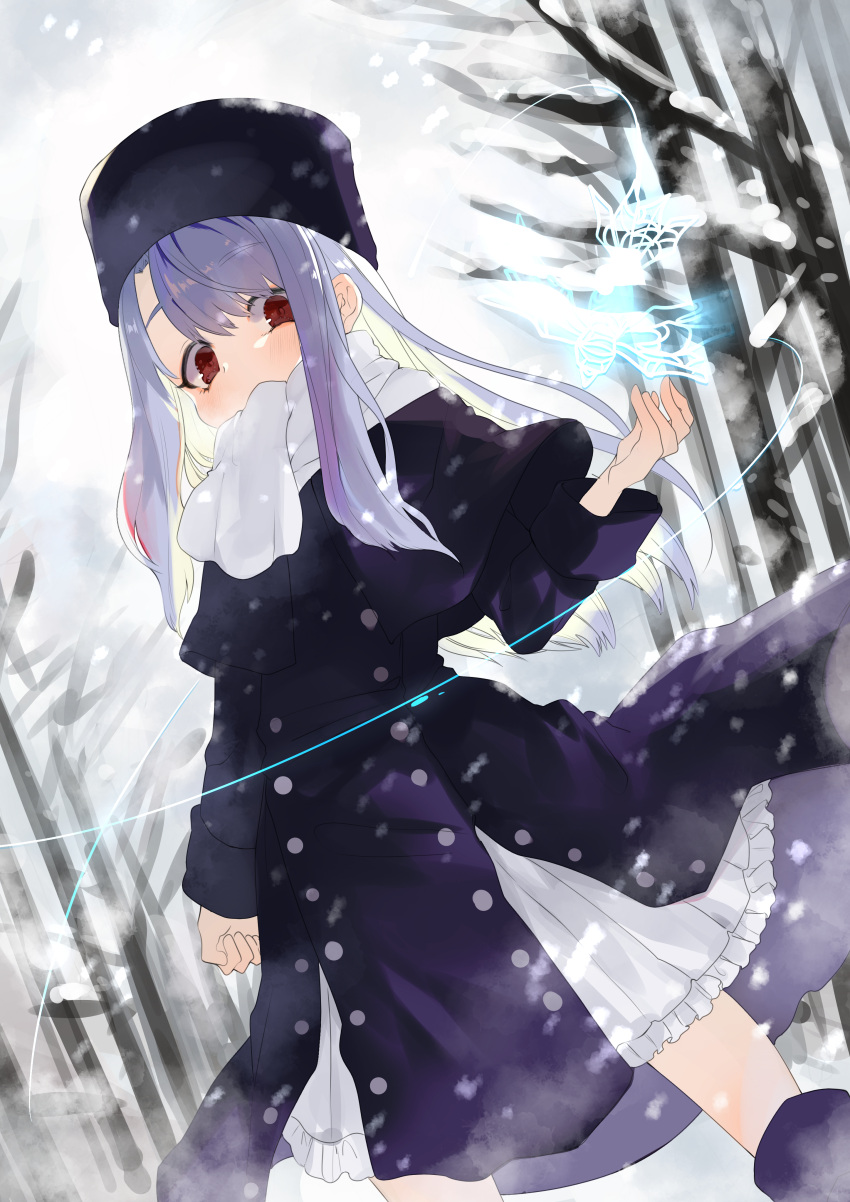 1girl aano_(10bit) absurdres bare_tree blush boots coat double-breasted eyebrows_visible_through_hair fate/stay_night fate_(series) forest hat highres huge_filesize illyasviel_von_einzbern long_hair looking_at_viewer nature purple_hair red_eyes scarf snow solo tree winter_clothes winter_coat