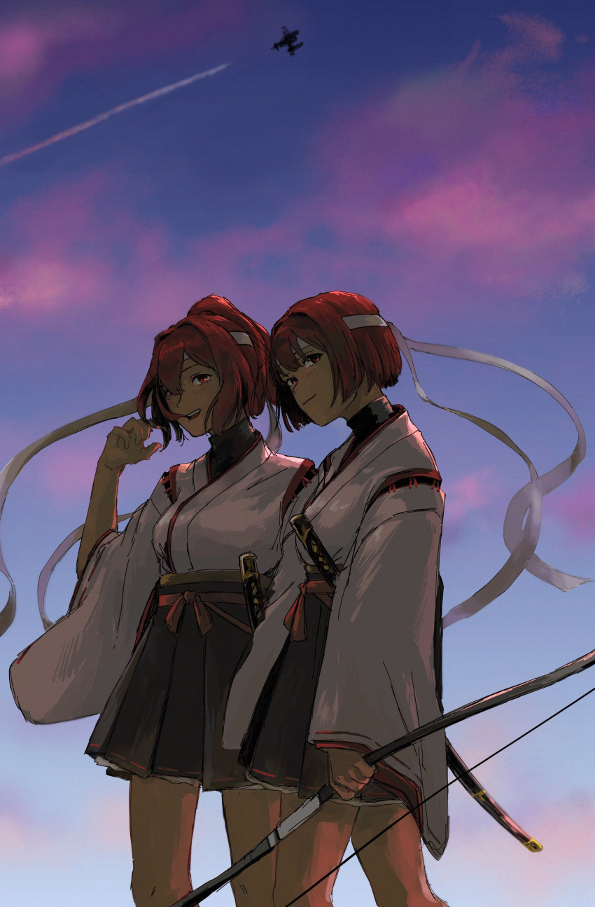 2girls absurdres aircraft airplane bangs black_shirt blush bow_(weapon) breasts brown_eyes brown_hair closed_mouth clouds commentary_request evening hachimaki headband highres holding holding_bow_(weapon) holding_weapon hyuuga_(kantai_collection) ise_(kantai_collection) kantai_collection katana long_sleeves multiple_girls nontraditional_miko open_mouth outdoors pleated_skirt ponytail remodel_(kantai_collection) shirt short_hair skirt sky sword undershirt weapon white_headband wide_sleeves zippo_teifujou
