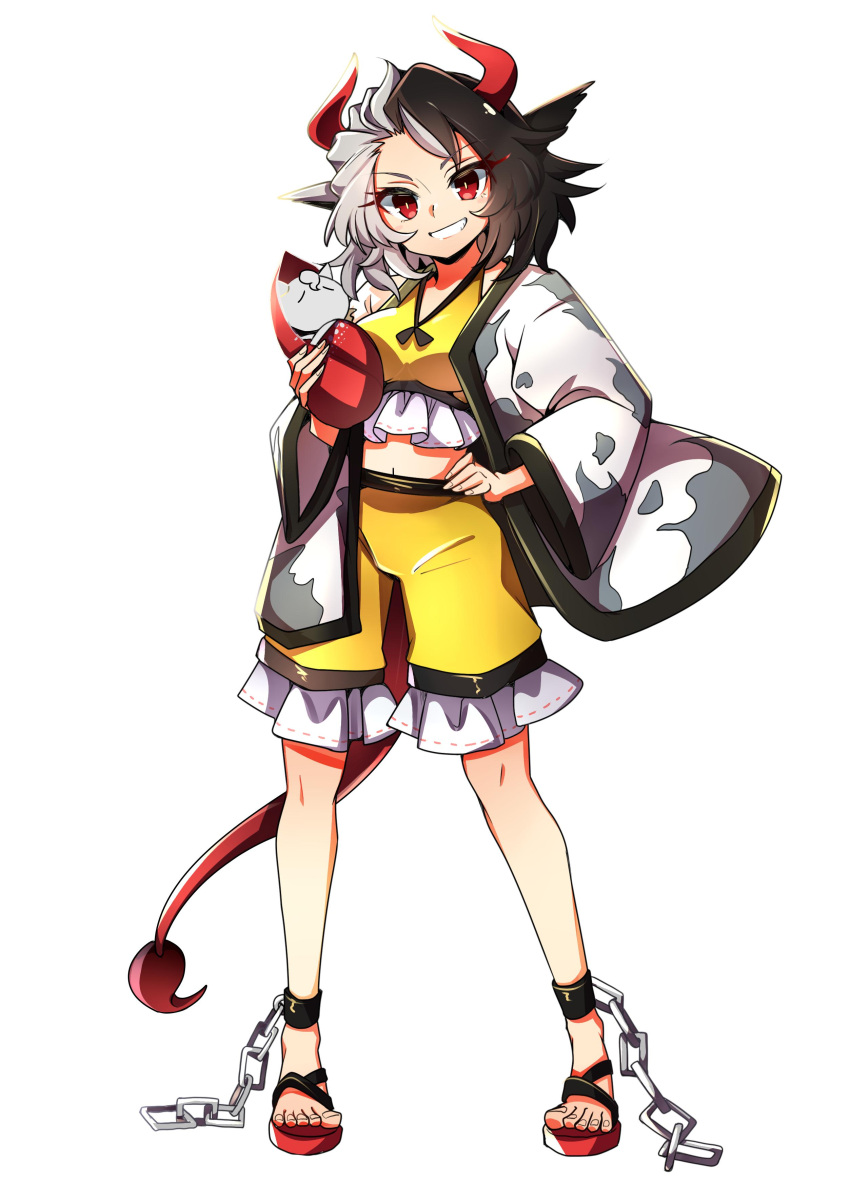 1girl absurdres animal_ears animal_print baba_(baba_seimaijo) black_hair breasts commentary_request cow_ears cow_horns cow_print cow_tail full_body grey_hair grin haori highres horns japanese_clothes looking_at_viewer medium_breasts midriff multicolored_hair navel pants red_eyes sandals smile tail touhou two-tone_hair ushizaki_urumi white_background wide_sleeves