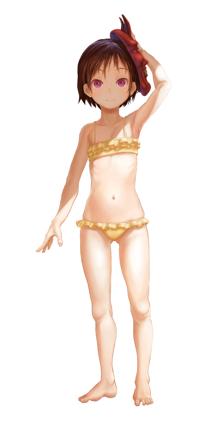 1girl arm_up ass_visible_through_thighs bandeau barefoot bikini brown_hair collarbone flat_chest frilled_bikini frills full_body highres holding holding_mask legs looking_at_viewer mask mask_on_head navel oni_mask original ribs shade short_hair simple_background skindentation slim_legs smile solo standing swimsuit violet_eyes wuxian_liumangxing yellow_bikini