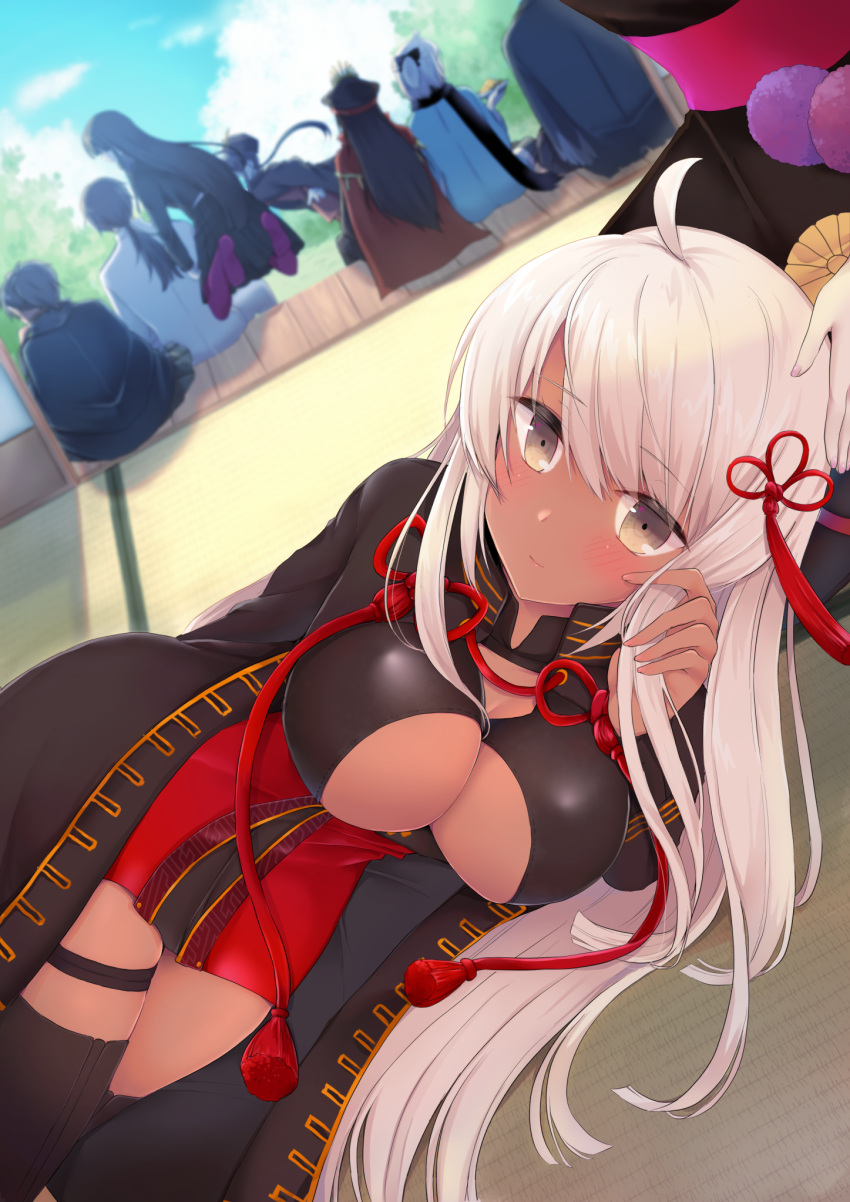 blush breasts bunsai cleavage_cutout commentary_request dark_skin detached_sleeves fate/grand_order fate_(series) hair_between_eyes hair_ornament hair_ribbon highres koha-ace long_hair looking_at_viewer lying multiple_boys multiple_girls oda_nobukatsu_(fate/grand_order) oda_nobunaga_(fate) okada_izou_(fate) okita_souji_(alter)_(fate) okita_souji_(fate)_(all) on_side oryou_(fate) ribbon sakamoto_ryouma_(fate) solo_focus thigh_strap white_hair yellow_eyes