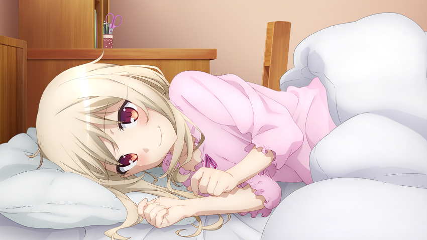 1girl bedroom collarbone dress fate/kaleid_liner_prisma_illya fate_(series) frilled_sleeves frills highres illyasviel_von_einzbern indoors long_hair looking_at_viewer lying neck_ribbon official_art on_bed on_side pillow pink_dress pink_ribbon red_eyes ribbon shiny shiny_hair silver_hair smile solo under_covers