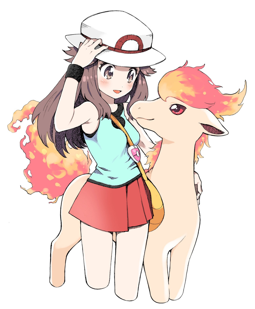 1girl amezawa_koma bag bangs blue_(pokemon) carrying commentary cowboy_shot cropped_legs gen_1_pokemon green_shirt hand_on_headwear handbag hat highres light_blush long_hair looking_at_another miniskirt open_mouth pleated_skirt pokemon pokemon_(creature) pokemon_(game) pokemon_frlg ponyta porkpie_hat red_skirt shirt simple_background skirt smile standing tank_top white_background white_headwear wristband