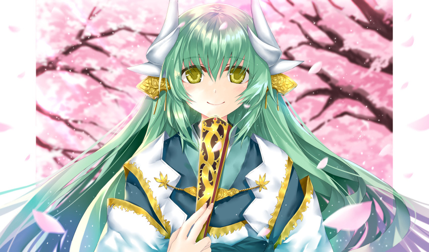 1girl blush dragon_girl dragon_horns eyebrows_visible_through_hair fan fate/grand_order fate_(series) flower green_hair holding holding_fan horns japanese_clothes kimono kiyohime_(fate/grand_order) long_hair looking_at_viewer morizono_shiki obi sash solo tree_branch yellow_eyes