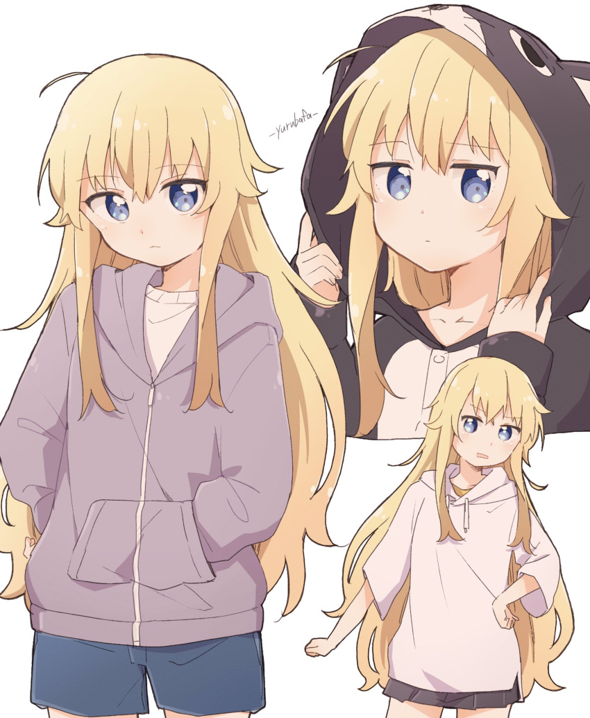 1girl artist_name bafarin black_skirt blonde_hair blue_eyes blush closed_mouth collarbone expressionless eyebrows_visible_through_hair gabriel_dropout hands_in_pockets highres hood hood_up hoodie long_hair long_sleeves looking_at_viewer parted_lips shorts skirt solo tenma_gabriel_white twitter_username very_long_hair