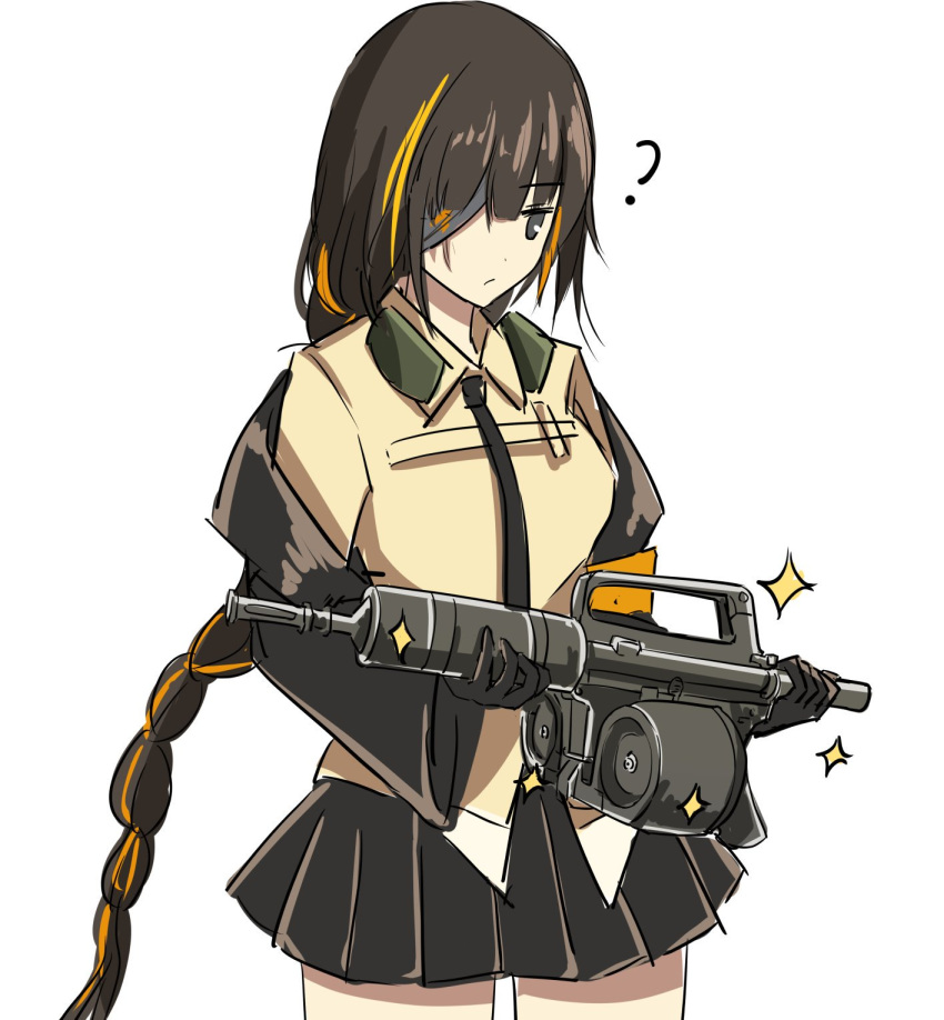 1girl ? assault_rifle black_hair braid braided_ponytail commentary_request confused drum_magazine eyepatch girls_frontline gun haguruma_(hagurumali) highres m16 m16a1 m16a1_(girls_frontline) magazine_(weapon) metal_gear_(series) metal_gear_solid_3 necktie rifle shiny single_braid skirt solo weapon