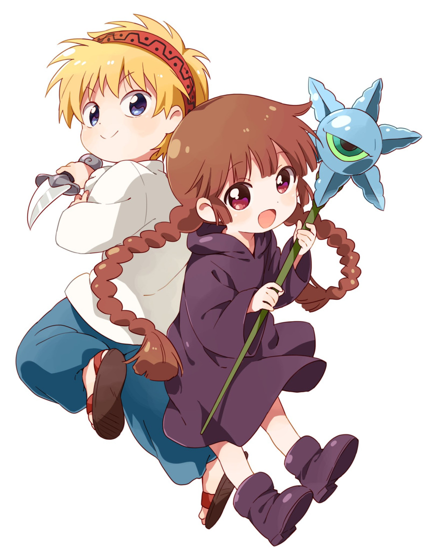 1boy 1girl :d back-to-back bangs blonde_hair blue_eyes boots braid brown_hair dagger hairband highres kukuri long_braid long_hair looking_at_viewer mahoujin_guruguru namori nike_(mahoujin_guruguru) open_mouth robe sandals short_hair simple_background smile spiky_hair staff twin_braids violet_eyes weapon white_background