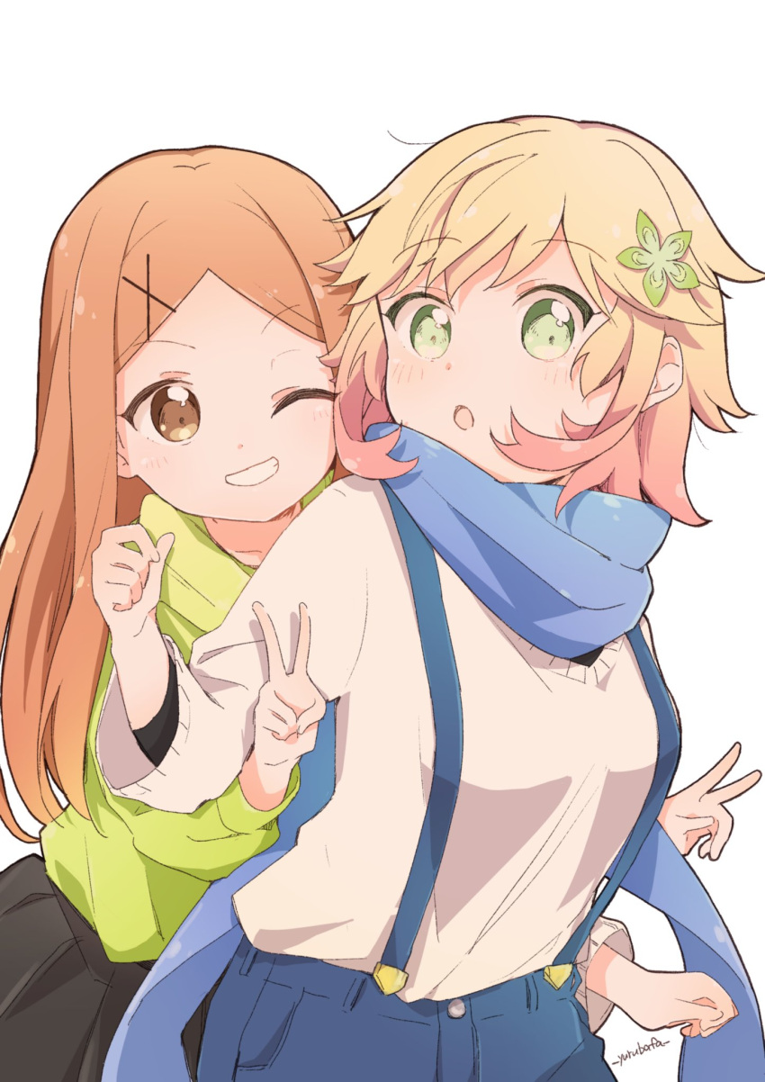 2girls bafarin blonde_hair blue_scarf brown_eyes brown_hair character_request chisaki_tapris_sugarbell double_v eyebrows_visible_through_hair flower gabriel_dropout green_eyes grin hair_flower hair_ornament highres long_hair looking_at_viewer multicolored_hair multiple_girls one_eye_closed parted_lips scarf short_hair shorts smile suspender_shorts suspenders tapris_sugar_step teeth two-tone_hair v very_long_hair x_hair_ornament