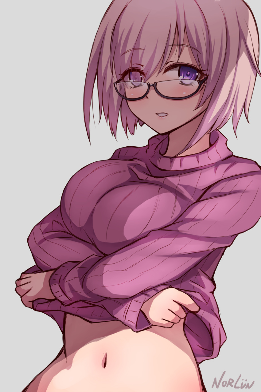 1girl artist_name blush breasts clothes_pull commentary_request eyebrows_visible_through_hair eyes_visible_through_hair fate/grand_order fate_(series) glasses hair_over_one_eye highres large_breasts lavender_hair looking_at_viewer mash_kyrielight navel norlun pink_hair purple_hair short_hair simple_background smile solo stomach sweater sweater_pull upper_body violet_eyes white_background