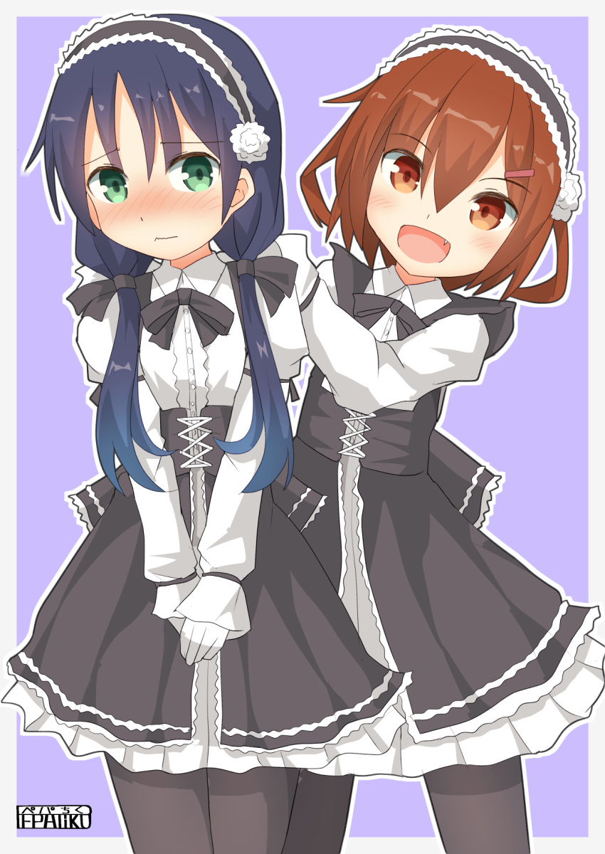 2girls black_dress black_legwear black_neckwear blue_hair blush border brown_eyes brown_hair collared_dress commentary_request dress embarrassed eyebrows_visible_through_hair flower frilled_dress frills gloves gothic gothic_lolita green_eyes hair_between_eyes hair_flower hair_ornament hairband highres ikazuchi_(kantai_collection) kantai_collection lolita_fashion lolita_hairband long_hair long_sleeves looking_at_viewer low_twintails medium_hair multiple_girls neckerchief open_mouth pantyhose pepatiku purple_background ribbon smile suzukaze_(kantai_collection) twintails twitter_username white_border white_gloves