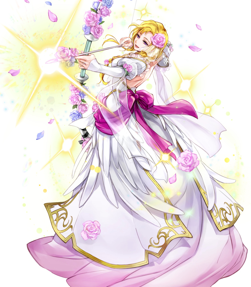 1girl arrow bangs blonde_hair bow_(weapon) braid breasts bride dress feather_trim fire_emblem fire_emblem:_rekka_no_ken fire_emblem_heroes flower full_body hair_ornament highres holding holding_bow_(weapon) holding_weapon long_hair louise medium_breasts official_art open_mouth petals shiny shiny_hair single_braid smile solo sparkle strapless strapless_dress transparent_background violet_eyes wada_sachiko weapon wedding_dress white_dress