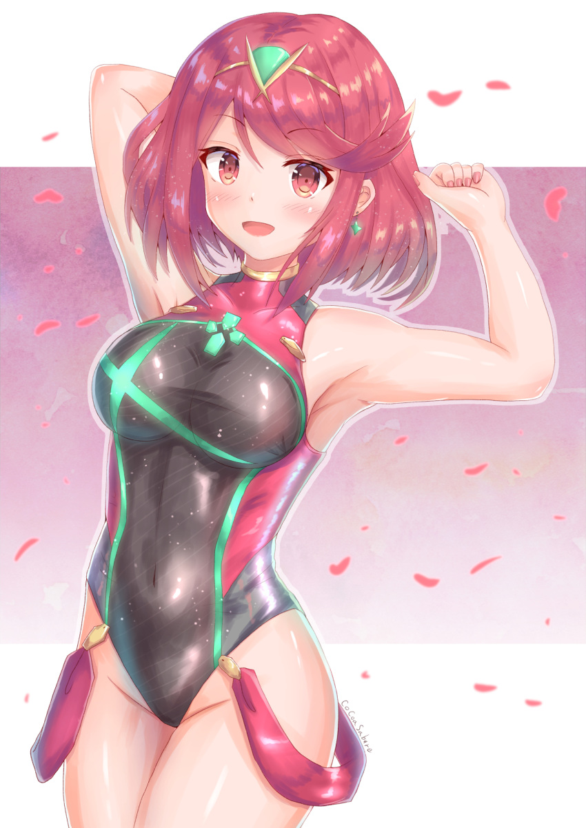 1girl artist_name bangs black_swimsuit breasts cocoasabure competition_swimsuit covered_navel cowboy_shot earrings gradient gradient_background highres pyra_(xenoblade) jewelry large_breasts looking_at_viewer one-piece_swimsuit petals red_eyes redhead shiny shiny_clothes short_hair smile solo standing swept_bangs swimsuit tiara turtleneck xenoblade_(series) xenoblade_2