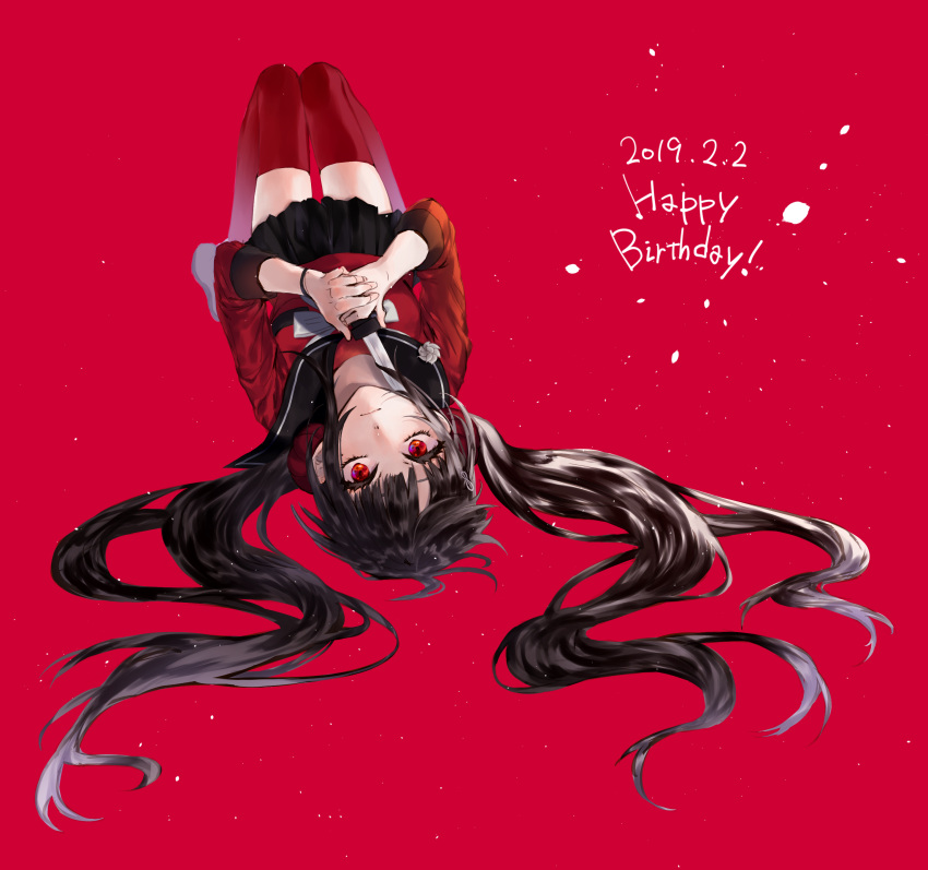 1girl absurdres bangs black_hair blunt_bangs commentary_request dangan_ronpa dated hair_ornament happy_birthday harukawa_maki highres holding holding_knife knife kureha221 long_hair looking_at_viewer low_twintails lying mole mole_under_eye new_dangan_ronpa_v3 on_back pleated_skirt red_background red_eyes red_legwear red_scrunchie red_shirt school_uniform scrunchie serafuku shirt simple_background skirt solo thigh-highs twintails very_long_hair